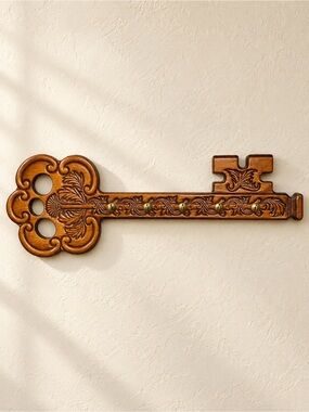 Vintage Wooden Key Holder Wall Hook. Brown Boho Key Wall Decor